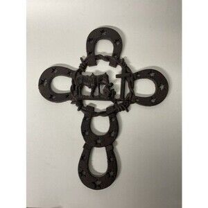 VTG Cast Iron Praying Cowboy Kneeling at Cross Horse Rustic Metal Western Wall D